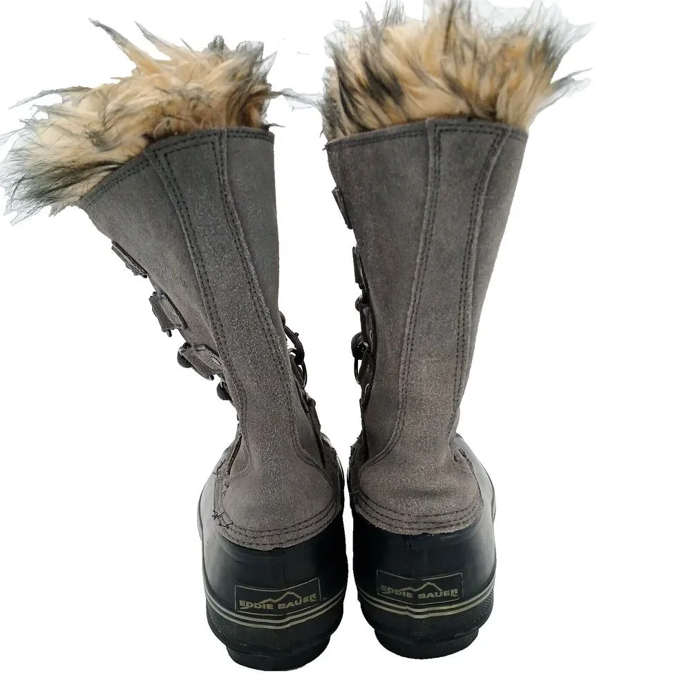 Eddie Bauer Hunt Pac Deluxe Winter Boots Women's 7 Gray Suede Fur Trim Insulated
